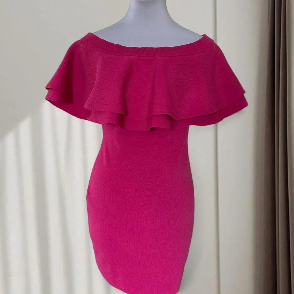 Endless Rose Fuchsia Pink‎ Off the Shoulder Ruffle Knit Bodycon Mini Dress M